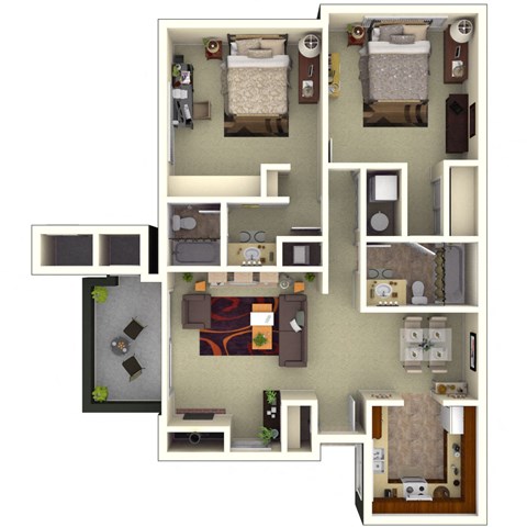Floor plan for 2 beds, 2 baths, 1035 sqft